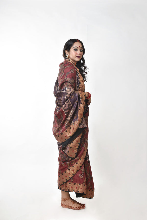 Hand-painted and hand-embroidered pen kalamkari saree