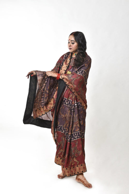 Hand-painted and hand-embroidered pen kalamkari saree