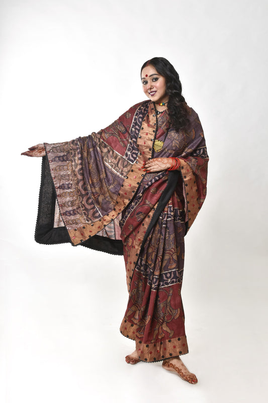 Hand-painted and hand-embroidered pen kalamkari saree