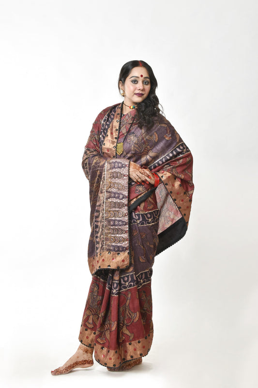 Hand-painted and hand-embroidered pen kalamkari saree