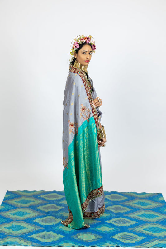 handwoven, hand embroidered kanjiveram silk saree