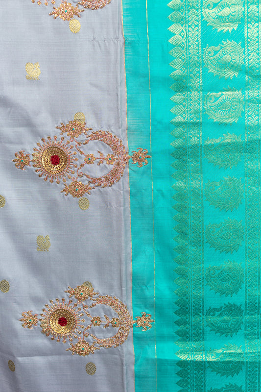 handwoven, hand embroidered kanjiveram silk saree