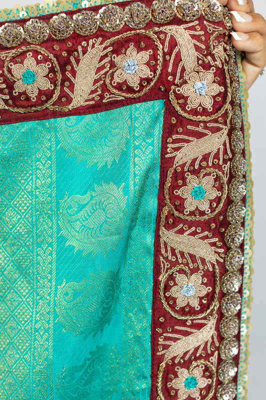 handwoven, hand embroidered kanjiveram silk saree