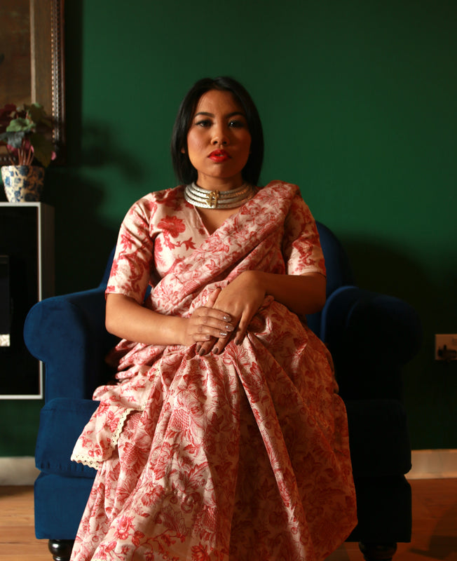 printed silk saree with a floral print