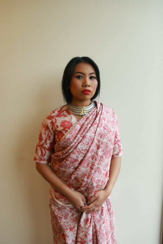 printed silk saree with a floral print