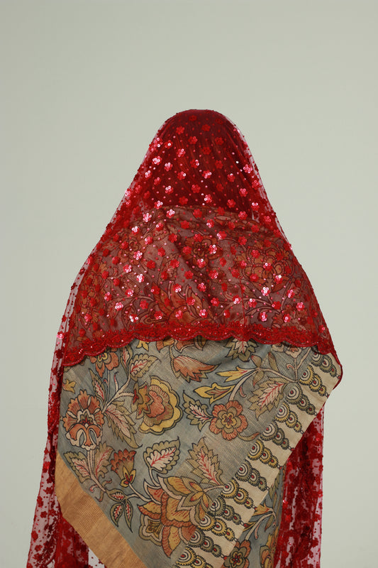 Hand painted grey coloured Kalamkari benarsi hussar silk saree