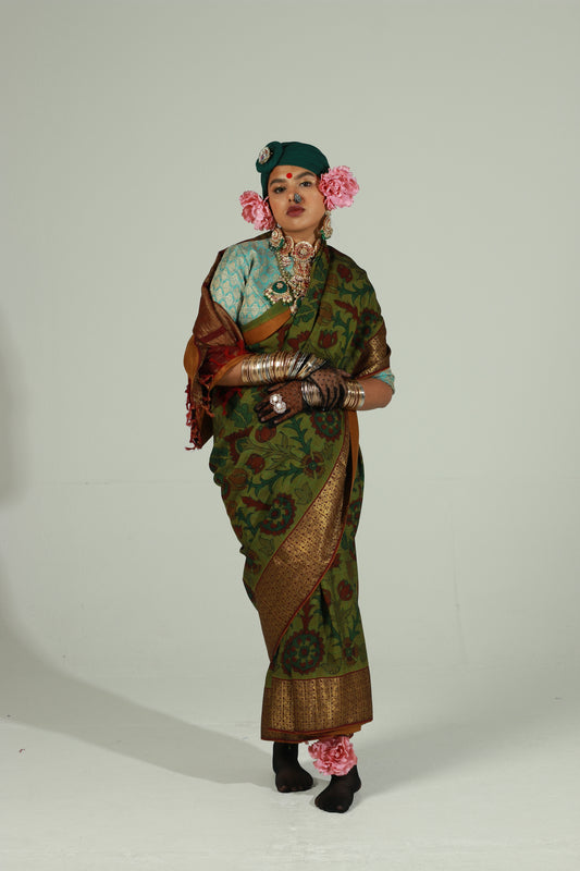 Hand painted pen kalamkari saree on a handwoven kanjiveram