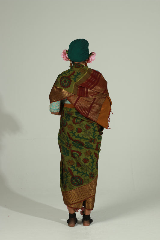 Hand painted pen kalamkari saree on a handwoven kanjiveram