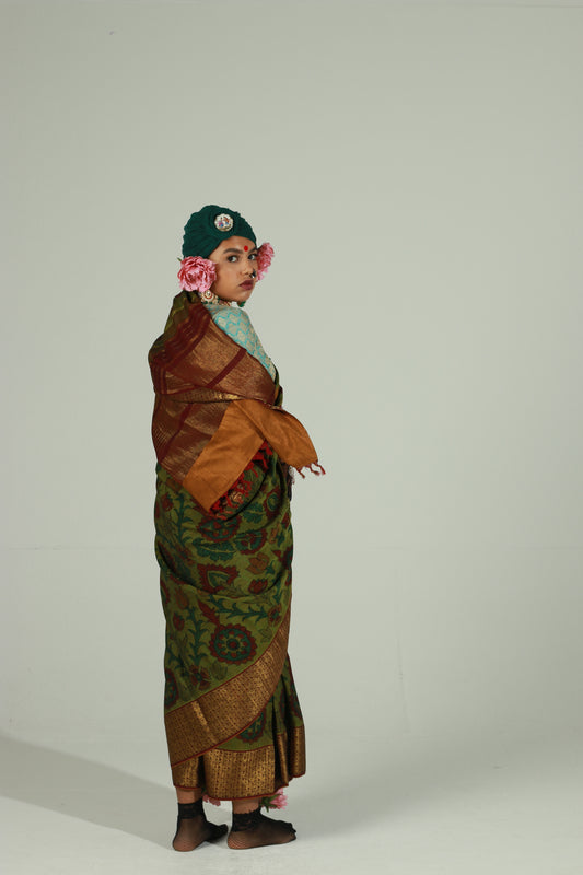 Hand painted pen kalamkari saree on a handwoven kanjiveram