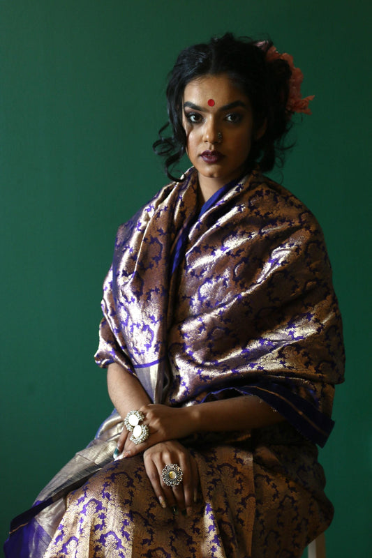 Hand woven navy blue and gold Chanderi Katan silk saree