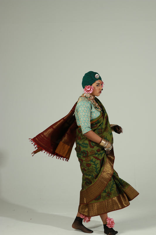 Hand painted pen kalamkari saree on a handwoven kanjiveram