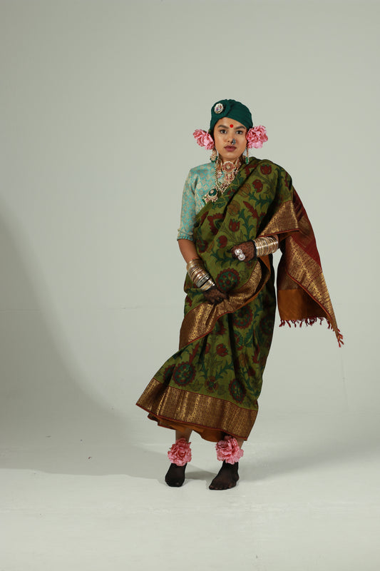 Hand painted pen kalamkari saree on a handwoven kanjiveram