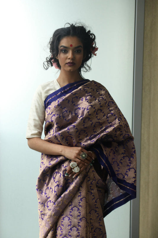 Hand woven navy blue and gold Chanderi Katan silk saree
