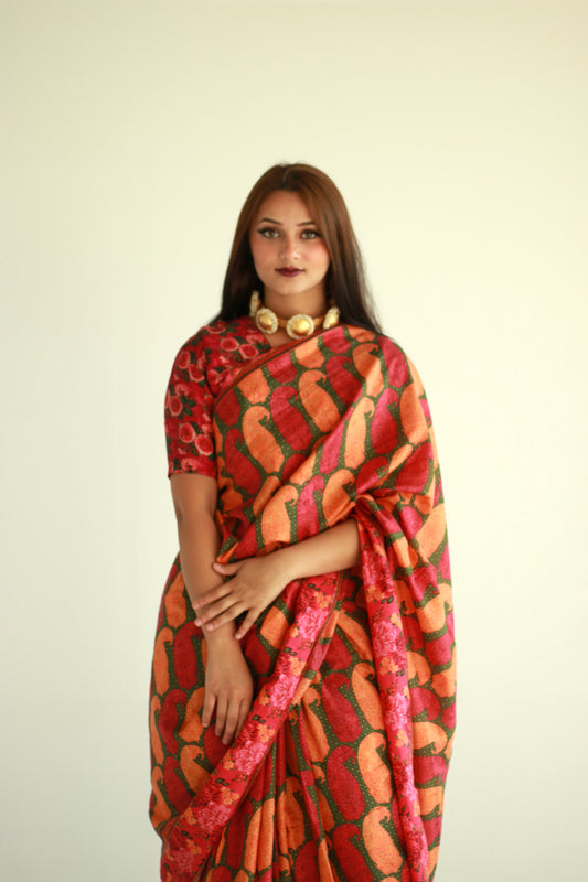 A woman wearing a printed silk saree designed by Ayush Kejriwal.
