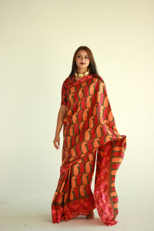 A woman wearing a printed silk saree designed by Ayush Kejriwal.