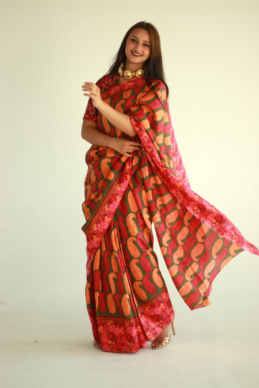 A woman wearing a printed silk saree designed by Ayush Kejriwal.