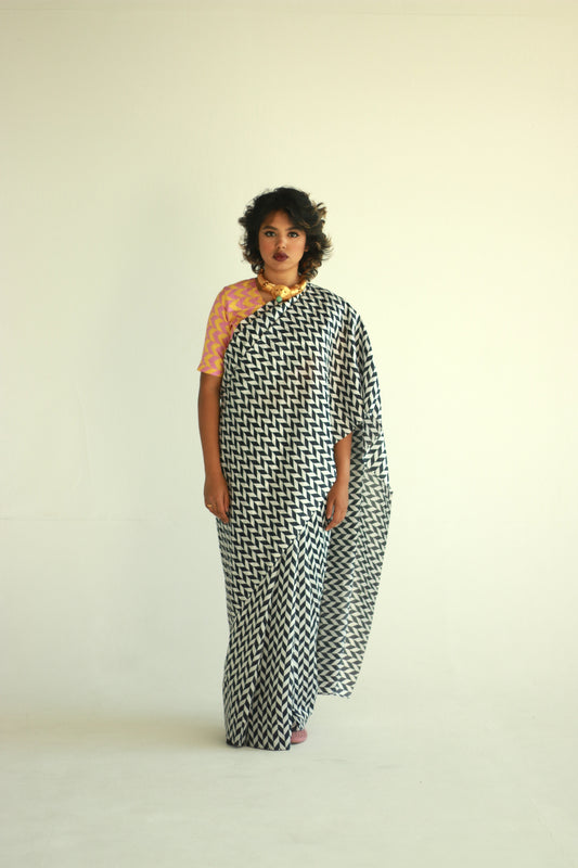 Designer printed silk saree by Ayush Kejriwal.