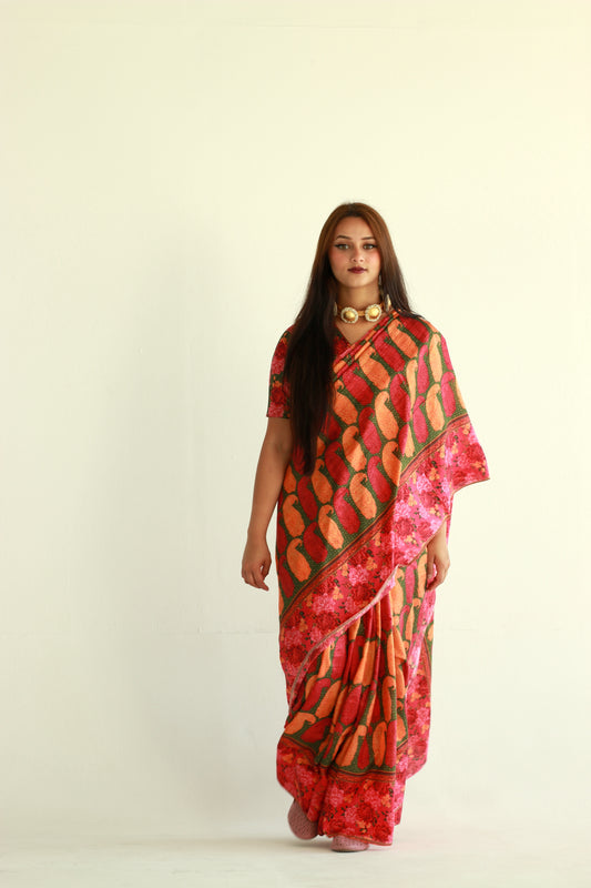 A woman wearing a printed silk saree designed by Ayush Kejriwal.