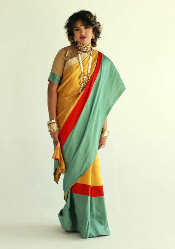 Handwoven gold chanderi silk saree by Ayush Kejriwal.