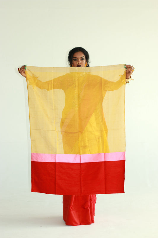A women wearing a golden chanderi silk saree designed by Ayush Kejriwal.