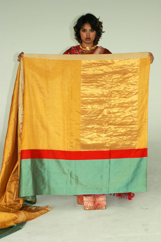 A woman wearing a handwoven gold chanderi silk saree designed by Ayush Kejriwal.