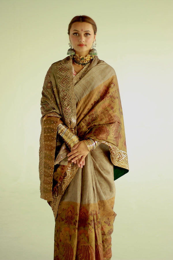 Hand painted Pen Kalamkari Saree 