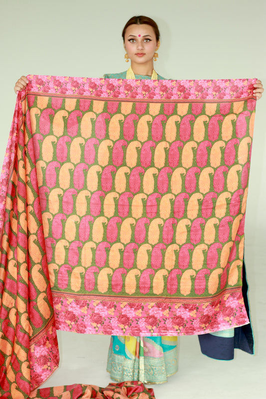 A woman wearing a printed silk saree designed by Ayush Kejriwal.