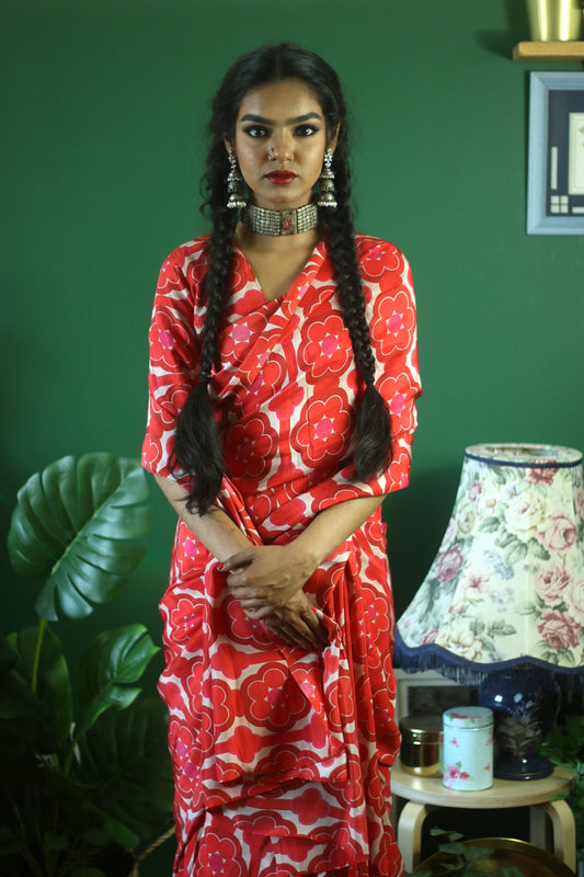 printed viscose silk saree with a retro print.
