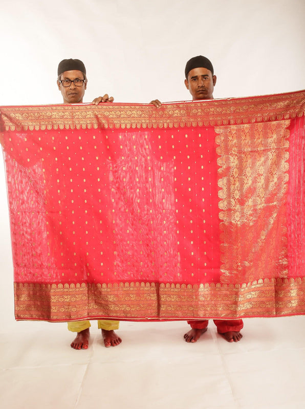 Hand woven red and gold Chanderi Katan silk saree