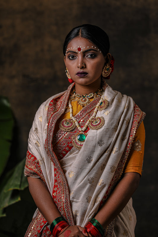 gold and red banarsi tussar silk saree