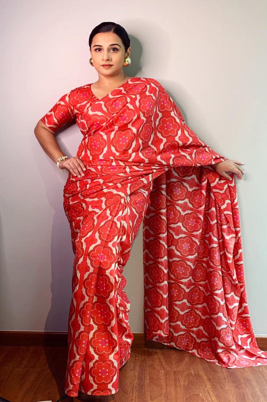 printed viscose silk saree with a retro print.