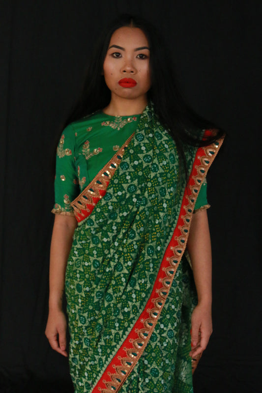 Hariyalko Hand Embroidered Bandhani Saree by Ayush Kejriwal