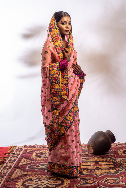 hand embroidered raw silk Saree