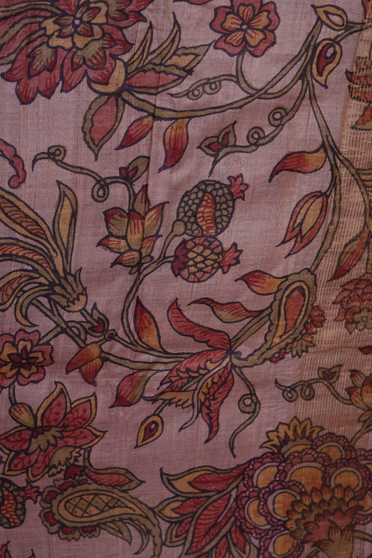 Hand painted pen kalamkari saree on a handwoven benarsi tussar silk base