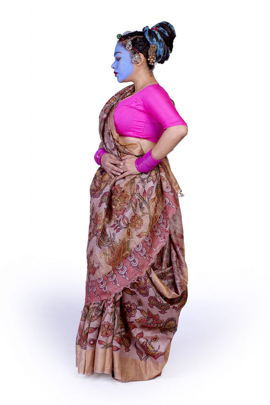 Hand painted pen kalamkari saree on a handwoven benarsi tussar silk base