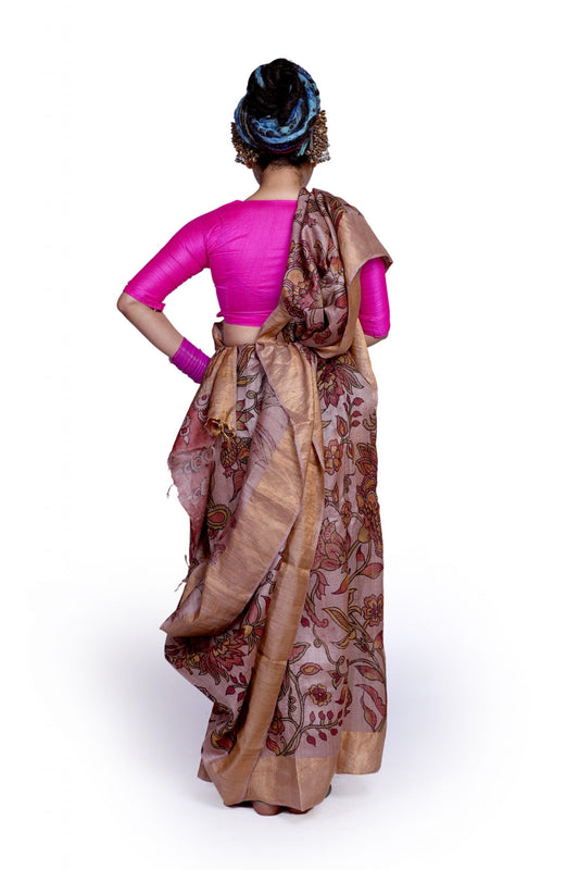 Hand painted pen kalamkari saree on a handwoven benarsi tussar silk base