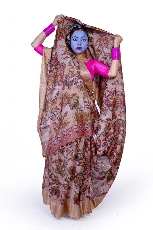 Hand painted pen kalamkari saree on a handwoven benarsi tussar silk base