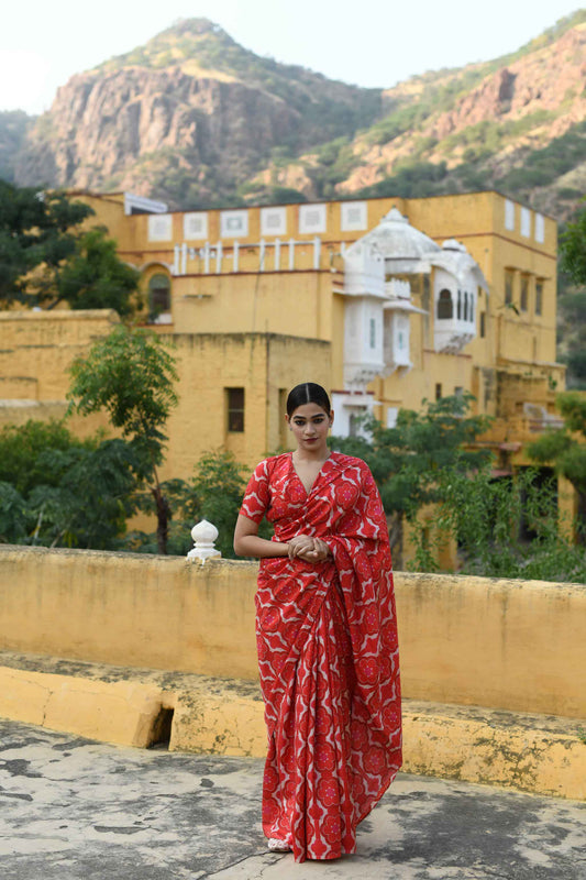 printed viscose silk saree with a retro print.