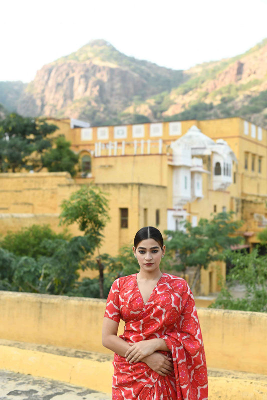 printed viscose silk saree with a retro print.