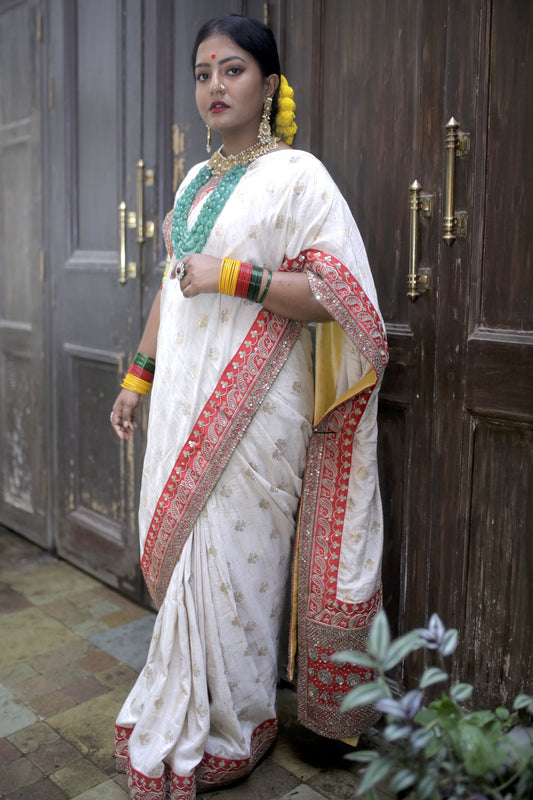 gold and red handwoven banarsi tussar silk saree