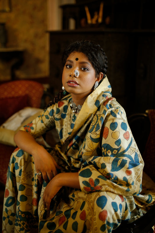 Hand Painted Pen Kalamkari Saree by Ayush Kejriwal