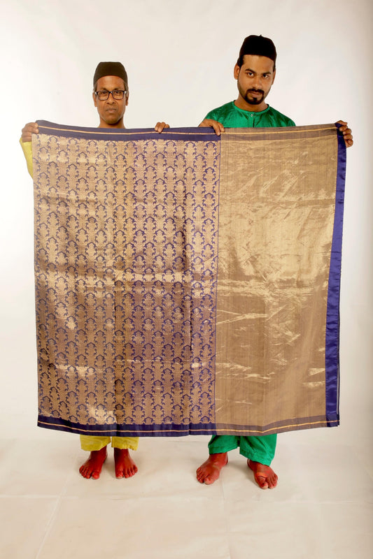 Hand woven navy blue and gold Chanderi Katan silk saree