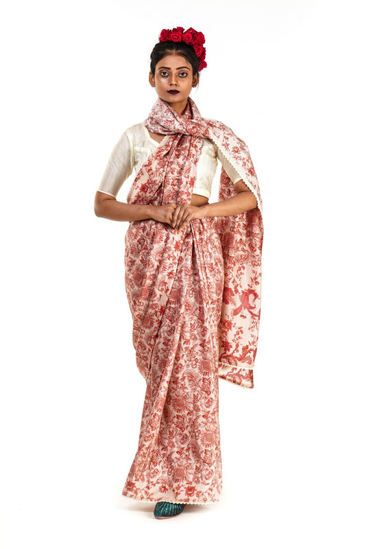 printed silk saree with a floral print