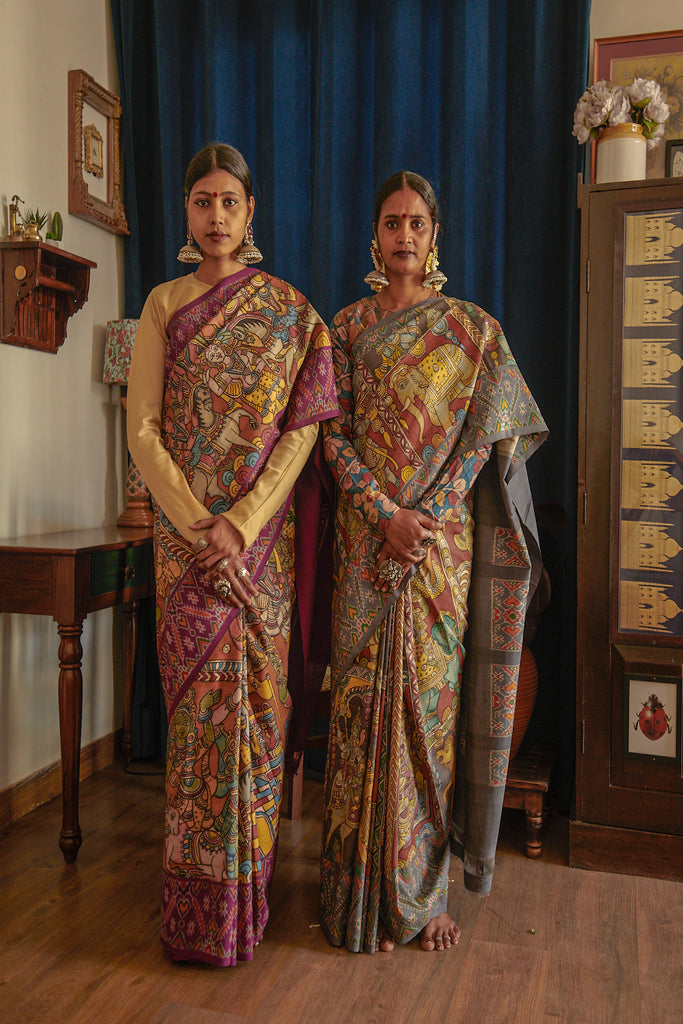 Hand-Painted Kalamkari Kanjeevaram Silk Saree With Blue Border
