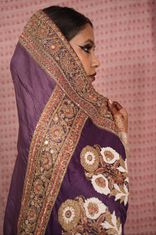 Handcrafted embroidered benarsi tussar silk saree