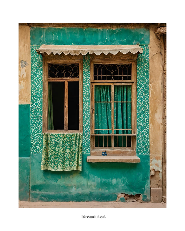 A stunning (AI assisted) photograph by The Ayush Kejriwal Art Project of a beautiful green and teal dreamy window.