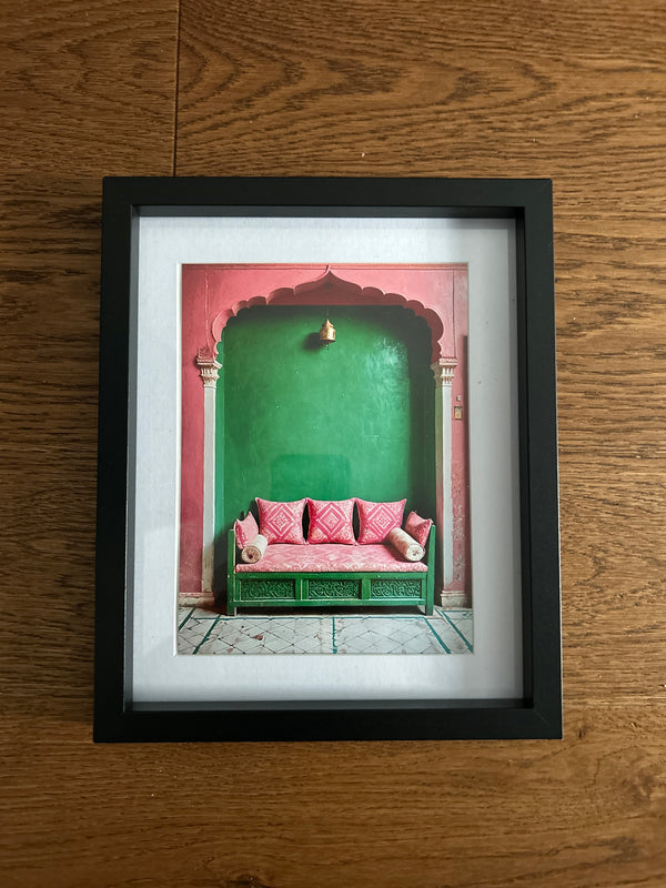 photograph by The Ayush Kejriwal Art Project of a beautiful green and pink jharokha style wall in India.
