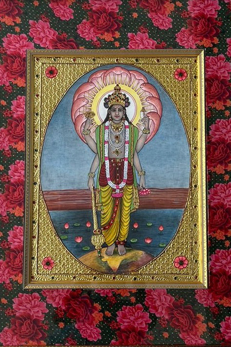 beautiful handcrafted gold Tanjore painting of Lord Vishnu made by master artists for The Ayush Kejriwal Art Project.