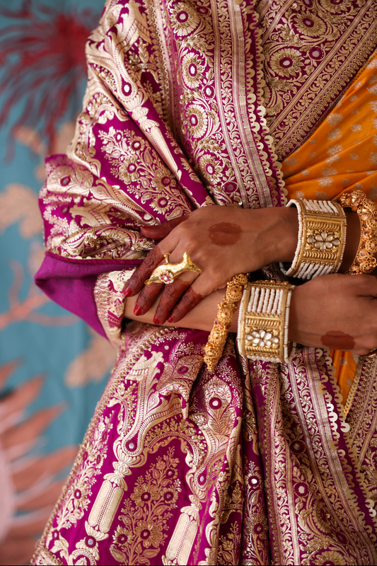 Handcrafted designer embroidered benarsi silk saree by Ayush Kejriwal