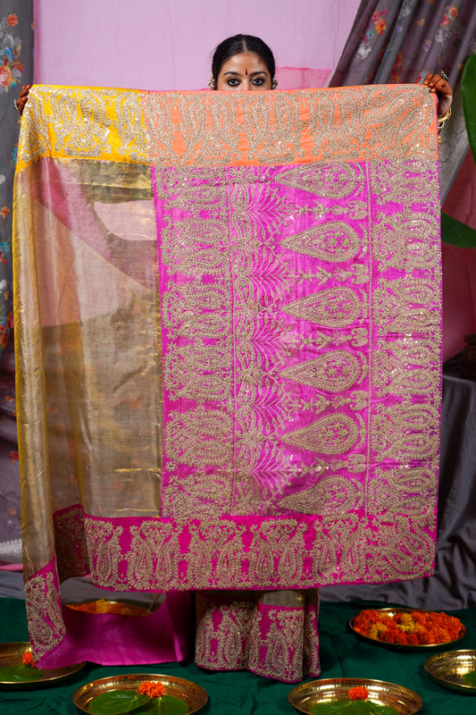 gold handwoven, hand embroidered kanjiveram silk saree